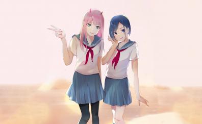 Cute, Ichigo and Zero Two, anime girls, art
