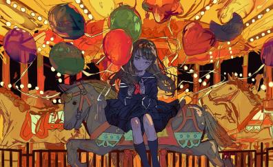 Ferris wheel, anime girl, balloons, art