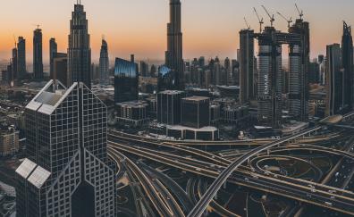 Dubai, cityscape, sunrise, road, bridge, buildings