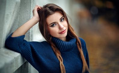 Smile, blue eyes, pony tails, woman model