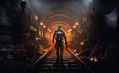 Metro awakening, soldier's walk under rail tunnel, game