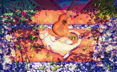 Cat and guitar, relaxing moment, art