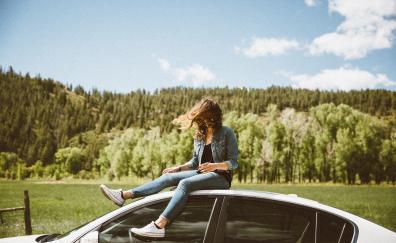 Girl on car, forest, travel
