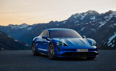 Blue car, Porsche Taycan Turbo, 2019