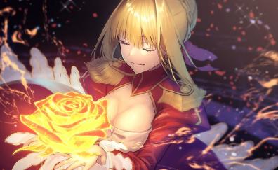 Anime girl, fire flower, closed eyes, Saber