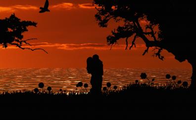 Romantic, couple, silhouette, sunset, art