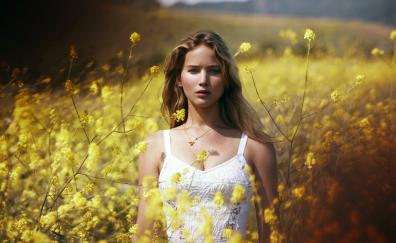 Jennifer Lawrence, celebrity, yellow flowers, outdoor