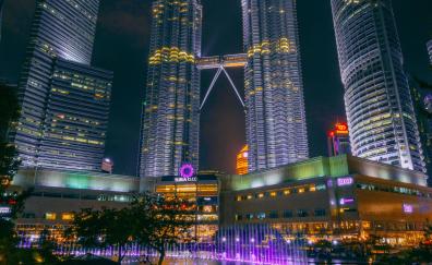 High towers, Petronas Twin Towers, buildings, night, city lights