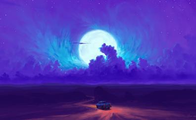 Moonrise, minimal, blue clouds, road, car drive, fantasy art