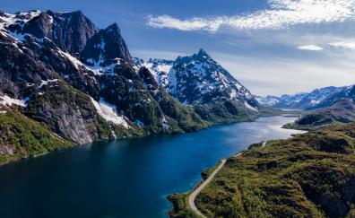 Norway, Lofoten mountains, aerial view, river, nature
