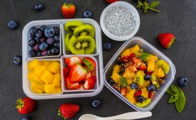 Fruits, salad, blueberry, strawberry, kiwifruits