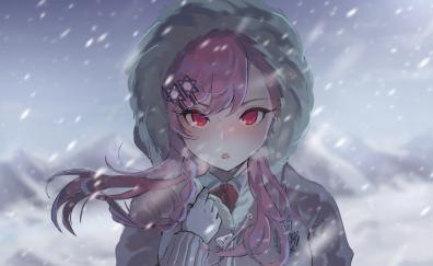 Pink hair anime girl, anime, outdoor, winter