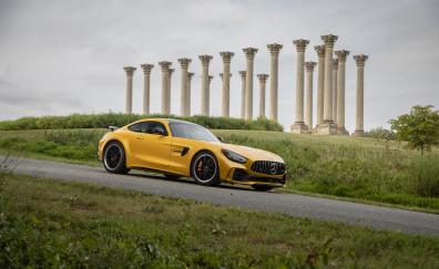 Yellow Mercedes-AMG GT, sports car, 2019