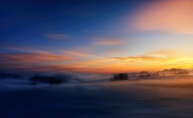 Winter, dawn, sunrise, sky, fog