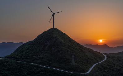 Hill, road, curve, sunset, wind-turbine