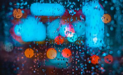 Bokeh, colorful, rain, drops, glass surface
