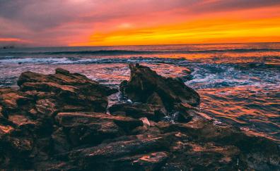 Rocks, coast, nature, sunset