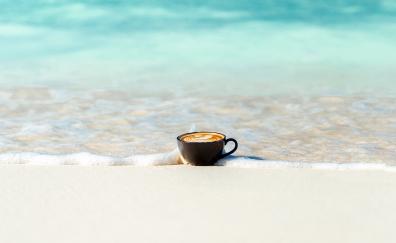 Coffee cup, beach, sea waves, soft, minimal