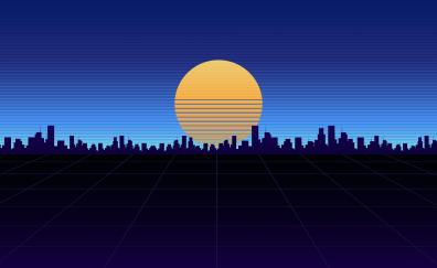 City view, synthwave, moon, silhouette
