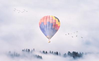 Hot air balloon, fog, sky, clouds, mist