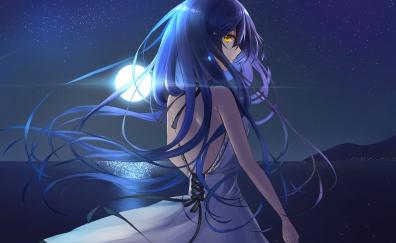 Night out, anime girl, blue long hair
