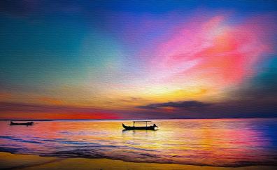 Sunset, boat, sea, colorful, artwork