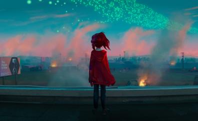 Little anime girl, lost girl, cityscape, art