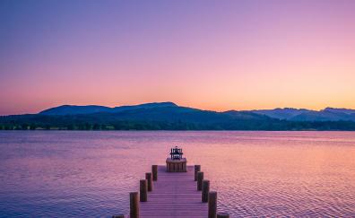 Calm pier, lake, sunset