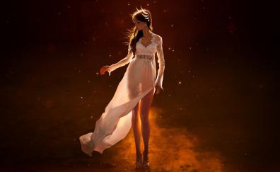 White dress, beautiful woman, walk, art