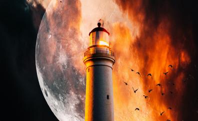 Lighthouse, moon, flame