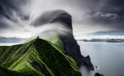 Coast, Faroe Islands, Lighthouse, mountain cliff