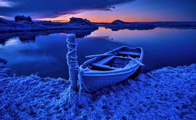 Snow frost, boat, winter, sunset