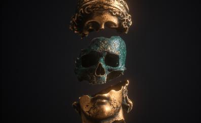 Skull inside statue, art