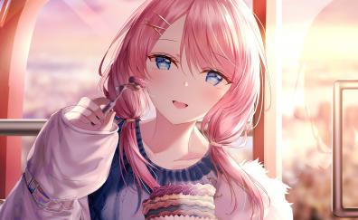 Cute, anime girl, beautiful, eating cake