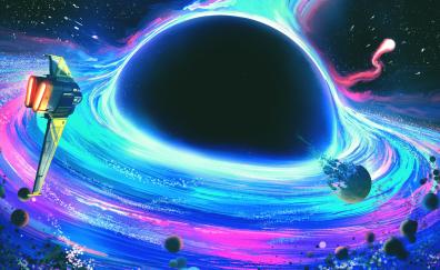 Spaceship move toward black hole, fantasy, art
