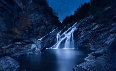 Waterfall, starry sky, night, current, stones