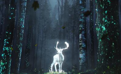 Forest, wild deer, glow, fantasy, art