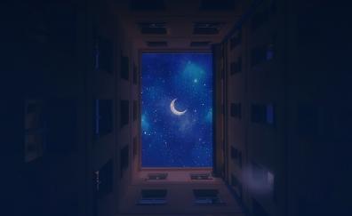 Buildings, moon, night