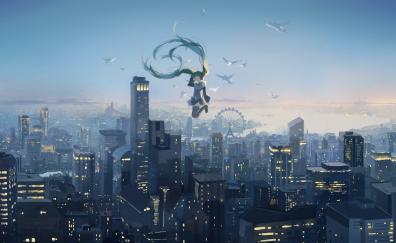 Jump, anime girl, hatsune miku, cityscape