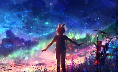Outdoor, night, colorful sky, fallen stars, anime art
