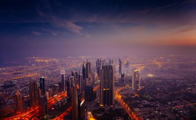 Cityscape, Dubai at night, buildings, sky, aerial view