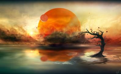 Tree, fantasy, sun, reflections, planet
