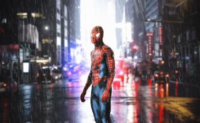Rain, street, Spider-man, art