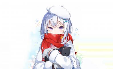 Cute, anime girl with kitten, original