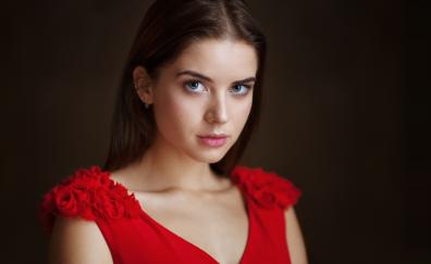 Red dress, cute, woman model, aqua eyes