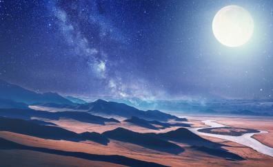 Moon, desert, milky way, landscape
