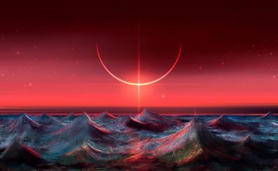 Arc, sun, sea waves, artwork, fantasy