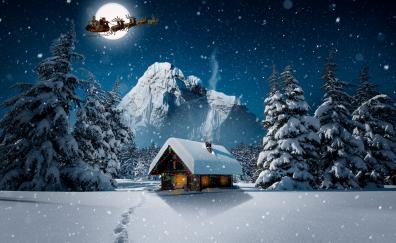 Snowfall, winter, hut, house, winter, Christmas