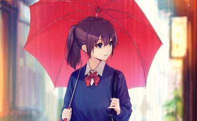 Blue eyes, anime girl with red umbrella, original