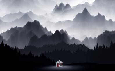 Small cabin in forest, dark, minimal art